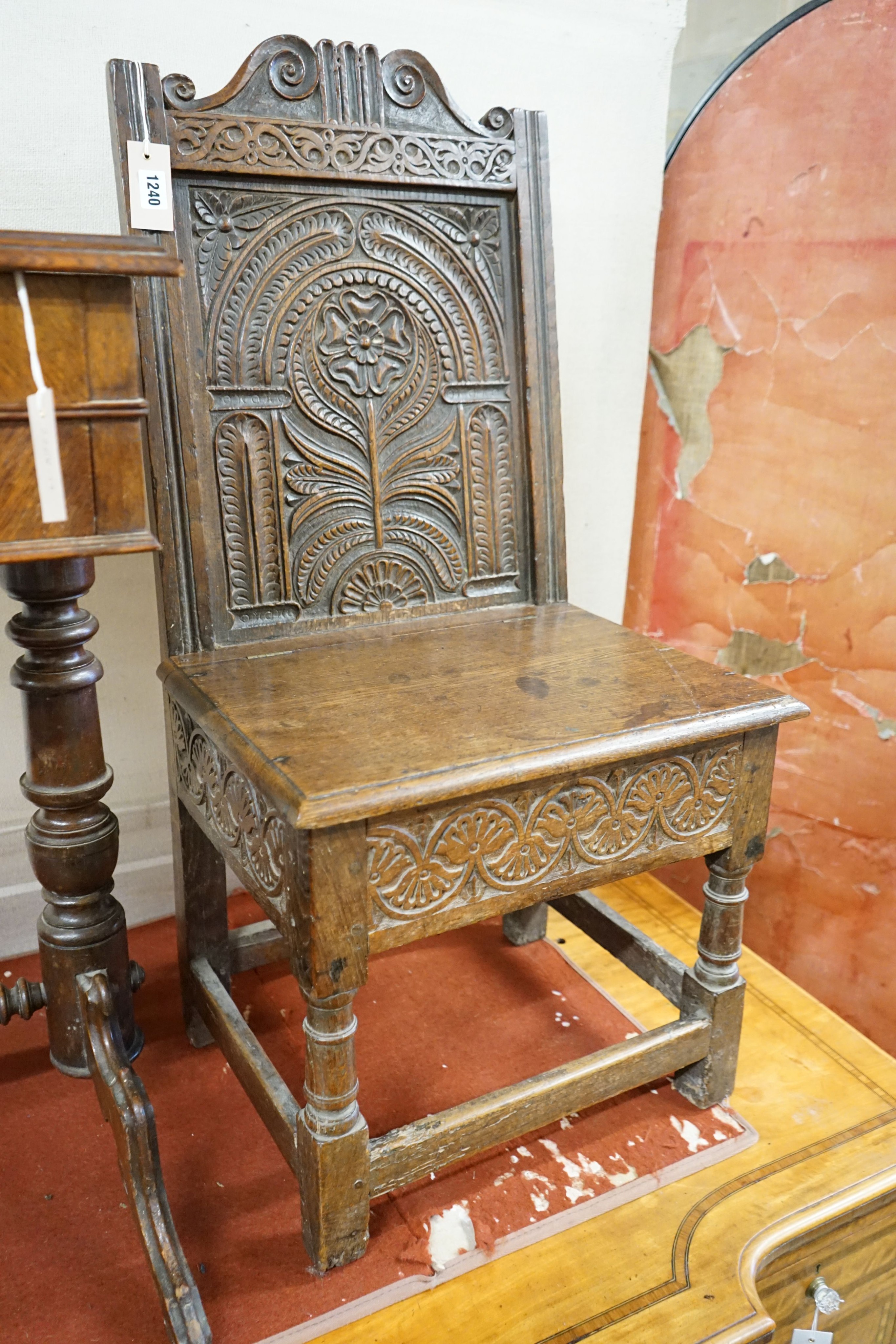 An 18th century oak box seat chair, width 46cm, depth 38cm, height 98cm